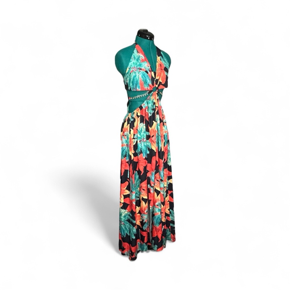 Tropical Halter Maxi Dress Backless Waist Chain Split Thigh - Picture 5 of 13